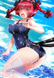 Rule 34 | 1girl, alternate costume, animal ears, blush, bow, braid, breasts, cat ears, cat tail, cloud, day, ebi 193, hair bow, kaenbyou rin, large breasts, multiple tails, one-piece swimsuit, open mouth, red eyes, red hair, school swimsuit, short hair, sky, solo, swimsuit, tail, thighhighs, touhou, twin braids, water, wet, white thighhighs