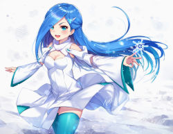 Rule 34 | 1girl, absurdres, bare shoulders, blue eyes, blue hair, blush, breasts, check copyright, cleavage, commentary request, copyright request, dress, green thighhighs, hair over one eye, has bad revision, has downscaled revision, highres, journey to the west, long hair, long sleeves, looking at viewer, md5 mismatch, open mouth, resolution mismatch, small breasts, smile, snow, solo, source smaller, taro (ultrataro), teeth, thighhighs, upper teeth only, very long hair, white dress, wide sleeves