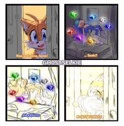 Rule 34 | 2boys, 4koma, ^ ^, animal ears, animal nose, artist name, backlighting, bed, blank eyes, blonde hair, blue eyes, blue fur, blue gemstone, blue hair, blush, body fur, chaos emerald, child, clenched hands, closed eyes, comic, curtains, door, english text, fang, floating, flying sweatdrops, fox boy, fox ears, furry, furry male, gem, gh0stselkie, gloves, green gemstone, happy, highres, indoors, light, long hair, male focus, meme, motion blur, multiple boys, open mouth, orange fur, pillow, purple gemstone, red gemstone, shading eyes, sketch, smile, socks, sonic (series), sonic the hedgehog, spiked hair, super sonic, tail, tails (sonic), talking, two-tone fur, watermark, white eyes, white fur, white gemstone, white gloves, white legwear, yellow fur, yellow gemstone