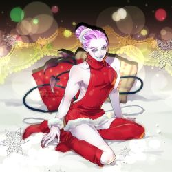 Rule 34 | 1boy, alternate costume, alternate hairstyle, artist name, bed, bedroom, blue eyes, blue lips, boots, christmas, collarbone, colored skin, curly hair, dated, demon tail, fate/grand order, fate (series), grin, hair bun, lace trim, light particles, lipstick, loveyama, makeup, male focus, medium hair, meme attire, mephistopheles (fate), multicolored eyes, multiple tails, nail polish, no headwear, no headwear, pillow, pointy ears, purple eyes, purple hair, red footwear, red nails, red sweater, scrunchie, single hair bun, smile, snowflake print, solo, sweater, tail, teardrop, thick eyebrows, thighs, virgin killer sweater, white skin, wide hips, wrist scrunchie