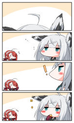 Rule 34 | !, +++, 0 0, 2girls, 4koma, :d, ahoge, azur lane, black gloves, black sailor collar, black shirt, blue eyes, blush stickers, brown ribbon, chibi, comic, commentary request, crossover, eating, eyes visible through hair, food, gloves, hair over one eye, hair ribbon, hairband, highres, historical name connection, holding, holding food, kantai collection, kawakaze (azur lane), kawakaze (kancolle), long hair, low twintails, multiple girls, name connection, open mouth, red hair, ribbon, roasted sweet potato, sailor collar, shirt, silent comic, silver hair, smile, sweet potato, twintails, white hairband, white sailor collar, yagami kamiya