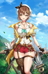 Rule 34 | 1girl, :d, atelier (series), atelier ryza, atelier ryza 2, bare shoulders, beret, blue sky, breasts, brown eyes, brown hair, brown thighhighs, cleavage, cloud, collared shirt, day, falling leaves, hat, highres, jacket, jewelry, key, key necklace, large breasts, leaf, looking to the side, midriff peek, necklace, off shoulder, open clothes, open jacket, open mouth, outdoors, raku (clearpage), red shorts, reisalin stout, shirt, short hair, short shorts, shorts, single thighhigh, sky, sleeveless, sleeveless shirt, smile, solo, thigh gap, thigh strap, thighhighs, thighs, white hat, white shirt, yellow jacket