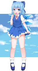 Rule 34 | 1girl, absurdres, arm up, blue dress, blue eyes, blue footwear, blue hair, blue sky, blush, bobby socks, breasts, cirno, cloud, commentary request, day, dress, eating, food, hair ribbon, highres, looking at viewer, mary janes, miniskirt, neck ribbon, outdoors, pinafore dress, popsicle, puffy short sleeves, puffy sleeves, red ribbon, ribbon, shirt, shoes, short hair, short sleeves, skirt, skirt hold, sky, sleeveless dress, small breasts, socks, solo, standing, sweat, touhou, watermelon bar, white shirt, white socks, wings, yobin (kotohira3689)