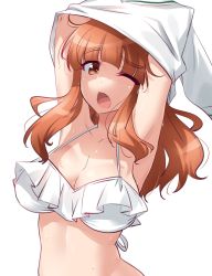 Rule 34 | 1girl, arms up, bikini, bikini under clothes, blouse, blunt bangs, blush, breasts, cleavage, clothes lift, commentary, frilled bikini, frills, frown, girls und panzer, halterneck, highres, kuzuryuu kennosuke, large breasts, lifting own clothes, long hair, long sleeves, looking at viewer, one eye closed, ooarai school uniform, open mouth, orange eyes, orange hair, school uniform, shirt, shirt lift, simple background, solo, standing, sweat, swimsuit, takebe saori, undressing, upper body, white background, white bikini, white shirt