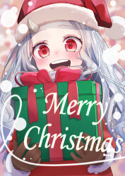 Rule 34 | 1girl, :d, absurdres, boku no hero academia, box, brown gloves, child, christmas, dress, english text, eri (boku no hero academia), fur-trimmed dress, fur-trimmed headwear, fur trim, gift, gift box, gloves, grey hair, hat, highres, holding, holding gift, horns, long hair, looking at viewer, merry christmas, open mouth, red dress, red eyes, red hat, santa dress, santa hat, single horn, smile, solo, suzukaze inori