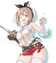 Rule 34 | 1girl, atelier (series), atelier ryza, atelier ryza 1, bare shoulders, belt, blue belt, bow, bridal legwear, brown belt, brown eyes, brown gloves, brown hair, fish, fishing rod, flask, gloves, graphite (medium), hair ornament, hairclip, hat, highres, jewelry, leather, leather belt, looking at viewer, midriff, navel, necklace, one eye closed, open mouth, red shorts, reisalin stout, round-bottom flask, sakana (flame sakana), short hair, short shorts, shorts, single glove, star (symbol), star necklace, thick thighs, thighs, traditional media, vial, white headwear