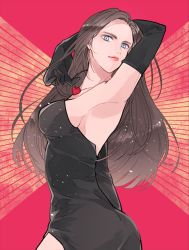 Rule 34 | 1girl, armpits, bad id, bad pixiv id, bare shoulders, black hair, blue eyes, breasts, dress, earrings, elbow gloves, evening gown, female focus, gloves, heart, jewelry, jojo no kimyou na bouken, large breasts, lisa lisa, long hair, looking at viewer, necklace, shiratama (xsrtmx), sideboob, solo