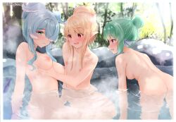 Rule 34 | 3girls, all fours, ass, back, blonde hair, blue eyes, blue hair, blush, border, breast envy, breasts, closed mouth, colored tips, commentary request, completely nude, elira pendora, ex idol, finana ryugu, fins, grabbing, grabbing another&#039;s breast, green hair, hair bun, hair over one eye, head fins, head wings, large breasts, light blue hair, long hair, looking at another, looking at breasts, looking at viewer, median furrow, medium breasts, multicolored hair, multiple girls, nijisanji, nijisanji en, nipples, nude, one eye covered, onsen, open mouth, partially submerged, pointy ears, pomu rainpuff, red eyes, rock, sidelocks, small breasts, steam, twitter username, virtual youtuber, water, wet, white border, wings, yuri