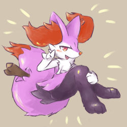 Rule 34 | 1girl, absurdres, alternate color, animal ear fluff, animal ears, animal feet, animal hands, animal nose, black fur, body fur, braixen, brown background, creatures (company), fang, female focus, flat chest, fox ears, fox girl, fox tail, full body, furry, furry female, game freak, gen 6 pokemon, hand on own knee, hand up, happy, highres, knees together feet apart, knees up, looking at viewer, m/, multicolored fur, neck fur, nintendo, open mouth, pokemon, pokemon (creature), purple fur, red eyes, san (sanchimpo), shiny pokemon, simple background, sitting, slit pupils, smile, snout, solo, stick, tail, white fur