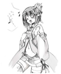 Rule 34 | 00s, 1girl, :d, ar tonelico, ar tonelico ii, bare shoulders, blush, center opening, closed eyes, female focus, folded ponytail, greyscale, gust, luca truelywaath, monochrome, music, musical note, navel, open mouth, quaver, seo tatsuya, short hair, simple background, singing, skirt, smile, solo, standing, thighhighs, white background, zettai ryouiki