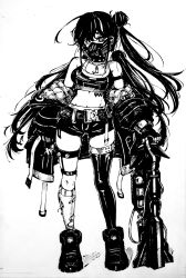 1girl absurdres asymmetrical_legwear breasts cleavage collar facial_tattoo gloves goddess_of_victory:_nikke greyscale hair_between_eyes hair_ornament hairclip heart heart_tattoo highres holding holding_weapon jackal_(nikke) jacket long_hair looking_at_viewer mask medium_breasts mismatched_legwear monochrome mouth_mask rocket_launcher shorts side_ponytail sidelocks single_thighhigh smoothie_bear socks solo spiked_collar spiked_legwear spikes sports_bra stomach_tattoo tattoo thighhighs traditional_media two-sided_fabric two-sided_jacket weapon