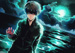 Rule 34 | 1girl, absurdres, black shirt, closed mouth, cloud, collared shirt, colored skin, dutch angle, green eyes, green sky, hand up, heterochromia, highres, kaneki ken, kyuuba melo, long sleeves, moon, night, ocean, outdoors, outline, red eyes, red skin, shiny clothes, shirt, solo, tokyo ghoul, upper body, water, white outline