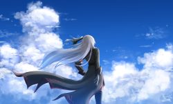 Rule 34 | 1girl, amagiri tsukuyo, arm at side, black coat, black ribbon, black thighhighs, blue sky, cloud, coat, commentary request, day, denpa (denpae29), facing away, from behind, gloves, hair ribbon, hand on own hip, highres, long hair, long sleeves, original, outdoors, ribbon, side ponytail, sky, solo, standing, thighhighs, very long hair, white gloves, white hair, wind