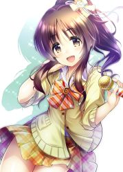 Rule 34 | 1girl, :d, bow, bowtie, brown eyes, brown hair, cardigan, cowboy shot, dress shirt, floating hair, hair bow, hand in own hair, head tilt, highres, holding, holding microphone, idolmaster, idolmaster cinderella girls, long hair, looking at viewer, ment, microphone, miniskirt, open mouth, pleated skirt, ponytail, school uniform, shirt, sidelocks, skirt, smile, solo, striped, striped bow, takamori aiko, white shirt, yellow cardigan, yellow skirt
