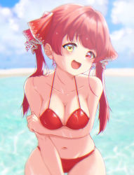Rule 34 | 1girl, :d, arm under breasts, bikini, blush, breasts, breasts squeezed together, cloud, collarbone, day, hair ribbon, head tilt, heterochromia, highres, hololive, houshou marine, houshou marine (summer), long hair, looking at viewer, navel, ocean, open mouth, outdoors, red bikini, red eyes, red hair, red ribbon, ribbon, shooot108, sky, smile, solo, swimsuit, twintails, virtual youtuber, wet, yellow eyes