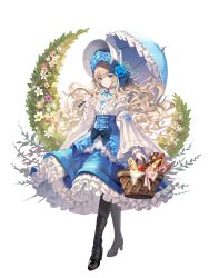 Rule 34 | 1girl, 2v (joyeong), absurdres, arm at side, basket, black footwear, blonde hair, blue eyes, bonnet, boots, bread, brooch, character request, cross-laced footwear, destiny child, dress, food, full body, hand up, highres, holding, holding basket, holding umbrella, jewelry, knee boots, korean commentary, lace-up boots, long sleeves, looking at viewer, metis (destiny child), official art, parted lips, simple background, solo, standing, umbrella, white background