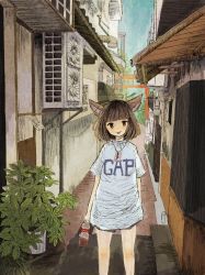 Rule 34 | 1girl, animal ears, blunt bangs, bob cut, brown hair, building, day, electric fan, fujitoma, jewelry, necklace, original, outdoors, plant, potted plant, scenery, shirt, soda bottle, solo, standing, t-shirt, tongue, tongue out, torii, white shirt