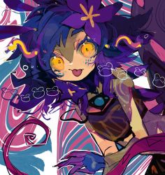 Rule 34 | 1girl, bare shoulders, beubeu, blue hair, flower, green background, grey background, hair flower, hair ornament, highres, league of legends, long hair, looking at viewer, neeko (league of legends), orange eyes, pink background, purple flower, red hair, solo, tongue, tongue out