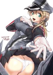 Rule 34 | 10s, 1girl, 2016, anchor hair ornament, aqua eyes, artist name, ass, black skirt, blonde hair, breasts, butt crack, dated, eyebrows, foreshortening, gloves, hair between eyes, hair ornament, hand on own chest, hat, kantai collection, long sleeves, looking at viewer, machinery, medium breasts, open mouth, panties, peaked cap, pleated skirt, prinz eugen (kancolle), reaching, reaching towards viewer, signature, simple background, skirt, solo, twintails, twisted torso, ugeppa, underwear, white background, white gloves, white panties