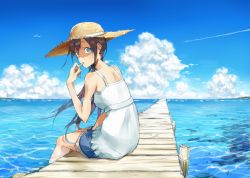 Rule 34 | 1girl, bad id, bad pixiv id, bare shoulders, bird, blue eyes, blue theme, brown hair, cloud, contrail, day, from behind, hat, horizon, long hair, looking at viewer, looking back, mouth hold, ocean, original, pier, shorts, sitting, sky, soaking feet, solo, straw hat, taxi (owp)