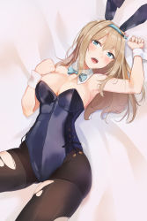 Rule 34 | 1girl, absurdres, alternate costume, animal ears, arm up, bare arms, bare shoulders, bed sheet, binu (nadenade), black pantyhose, blonde hair, blue eyes, blue hairband, blue leotard, blue ribbon, breasts, cleavage, commentary request, detached collar, fake animal ears, girls&#039; frontline, gluteal fold, hair ornament, hairband, hairclip, head tilt, highres, large breasts, leotard, long hair, looking at viewer, lying, md5 mismatch, neck ribbon, on back, pantyhose, playboy bunny, rabbit ears, resolution mismatch, ribbon, side-tie leotard, solo, source smaller, strapless, strapless leotard, suomi (girls&#039; frontline), torn clothes, torn pantyhose, wrist cuffs