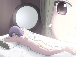 Rule 34 | 2girls, ass, back, barefoot, bed, brown eyes, curtains, face, from behind, hair tubes, hakurei reimu, looking at viewer, looking back, lying, mini person, minigirl, multiple girls, nude, on bed, on stomach, pillow, pun, purple eyes, purple hair, shirosato, smile, sukuna shinmyoumaru, touhou