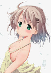 Rule 34 | 1girl, blush, breasts, camisole, cleavage, closed mouth, commentary request, downblouse, from side, green eyes, grey background, hair ornament, hairclip, highres, kohshibasaki, light brown hair, looking at viewer, no bra, short hair, sideboob, small breasts, smile, solo, upper body, yama no susume, yellow camisole, yukimura aoi
