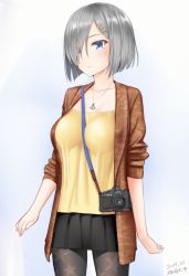 Rule 34 | 10s, 1girl, alternate costume, bad id, bad pixiv id, between breasts, blue eyes, breasts, camera, eyes visible through hair, gradient background, hair ornament, hair over one eye, hairclip, hamakaze (kancolle), jewelry, kantai collection, kanzaki muyu, large breasts, light smile, necklace, pantyhose, short hair, silver hair, sketch, solo, strap between breasts