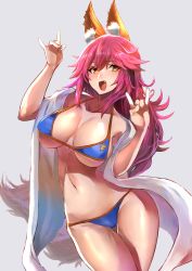 Rule 34 | 10s, 1girl, absurdres, animal ear fluff, animal ears, bare shoulders, bikini, blue bikini, blush, breasts, cleavage, collarbone, fang, fate/extra, fate/grand order, fate (series), fox ears, fox shadow puppet, fox tail, hair between eyes, hands up, highres, hip focus, hotate-chan, large breasts, long hair, looking at viewer, navel, open mouth, pink hair, sidelocks, simple background, smile, solo, swimsuit, tail, tamamo (fate), tamamo no mae (fate/extra), tamamo no mae (swimsuit lancer) (fate), tamamo no mae (swimsuit lancer) (third ascension) (fate), thighs, towel, towel around neck, yellow eyes