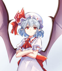 Rule 34 | 1girl, ascot, bat wings, closed mouth, crossed arms, grey hair, hat, hat ribbon, highres, kachuten, looking at viewer, mob cap, pointy ears, red ascot, red eyes, red ribbon, remilia scarlet, ribbon, short hair, short sleeves, simple background, smile, solo, touhou, upper body, white background, white hat, wings