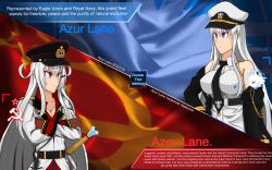 Rule 34 | 2girls, azur lane, blue eyes, breasts, cold war, collared shirt, commentary, commentary request, communism, english commentary, english text, enterprise (azur lane), flag, gangut (kancolle), gloves, hammer and sickle, hat, highres, jacket, kantai collection, long hair, long sleeves, military, military uniform, multiple girls, parody, pleated skirt, politics, russian text, self-upload, shirt, skirt, soviet, soviet flag, star (symbol), sword, sword of stalingrad, trung the artist man, uniform, weapon, white shirt