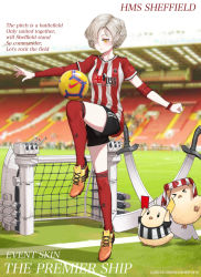 Rule 34 | 1girl, adidas, american football, animal, asymmetrical sleeves, azur lane, bird, black shorts, blurry, blurry background, blush, braid, brown eyes, cannon, character name, chick, clothed animal, commentary, depth of field, dishwasher1910, english commentary, english text, fringe trim, goal, gradient footwear, grey hair, hair over one eye, holding, layered sleeves, long sleeves, looking away, manjuu (azur lane), name connection, orange footwear, over-kneehighs, parted lips, red shirt, red thighhighs, scarf, sheffield (azur lane), shirt, shoes, short over long sleeves, short shorts, short sleeves, shorts, soccer, solo, stadium, standing, standing on one leg, striped clothes, striped shirt, sword, thighhighs, tiptoes, torpedo, torpedo tubes, turret, uneven sleeves, vertical-striped clothes, vertical-striped shirt, weapon, yellow footwear
