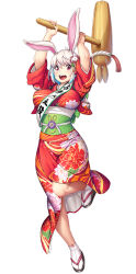 Rule 34 | 1girl, 2023, alternate costume, animal ears, arms up, blush, breasts, chinese zodiac, full body, hammer, highres, holding, holding weapon, japanese clothes, jumping, kimono, large breasts, leotard, lilith-soft, looking at viewer, nipples, nobushito kuro, official alternate costume, open mouth, playboy bunny, rabbit (chinese zodiac), rabbit ears, rabbit girl, shiny clothes, simple background, smile, solo, taimanin (series), taimanin rpgx, translation request, una mochizuki, weapon, white background, white hair, wide hips, year of the rabbit