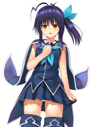 Rule 34 | 1girl, antenna hair, aqua neckerchief, aqua ribbon, bare arms, black cape, black dress, black footwear, black hair, black skirt, boots, breasts, cape, coattails, collarbone, dress, empty eyes, hair between eyes, hair ribbon, hand on own chest, hand up, highres, knee boots, looking at viewer, mahcdai, medium hair, neckerchief, orange eyes, original, panties, pantyshot, parted lips, pleated skirt, ribbon, side ponytail, sidelocks, simple background, skirt, skirt hold, sleeveless, sleeveless dress, small breasts, solo, standing, underwear, wavy mouth, white background, white panties, wind