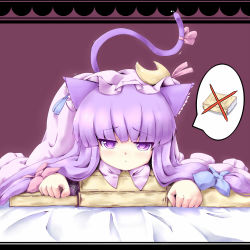 Rule 34 | 1girl, :&lt;, animal ears, book, book stack, cat ears, cat girl, cat tail, coo (coonekocoo), crescent, dress, female focus, hair ribbon, hat, highres, kemonomimi mode, long hair, looking at viewer, lying, on stomach, patchouli knowledge, purple dress, purple eyes, purple hair, ribbon, solo, tail, tail ornament, tail ribbon, touhou, tress ribbon