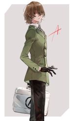 Rule 34 | 1boy, akechi gorou, black gloves, black pants, briefcase, brown eyes, brown hair, closed mouth, gloves, green jacket, hair between eyes, highres, holding, jacket, long sleeves, looking at viewer, male focus, necktie, pants, persona, persona 5, sawa2, simple background, solo, two-tone background