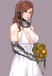 Rule 34 | 1girl, bad id, bad pixiv id, breasts, brown hair, cleavage, cyborg, dated, drill hair, holding, kusagami style, large breasts, lips, long hair, original, signature, simple background, solo