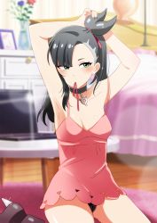 Rule 34 | 1girl, armpits, asymmetrical bangs, asymmetrical hair, bad id, bad pixiv id, black hair, black nails, blurry, blurry background, blush, breasts, choker, commentary request, creatures (company), dress, earrings, game freak, green eyes, hair ribbon, highres, jewelry, kneeling, long hair, long sleeves, looking at viewer, marnie (pokemon), md5 mismatch, medium breasts, mimo (amimo0805), nail polish, nintendo, open clothes, pink dress, pokemon, pokemon swsh, red ribbon, resolution mismatch, ribbon, simple background, solo, source smaller, twintails, tying hair