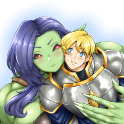 Rule 34 | 1boy, 1girl, arm warmers, armor, black sclera, blonde hair, blue eyes, blue hair, blush, breastplate, cheek-to-cheek, colored sclera, colored skin, eye contact, female orc, fingernails, green skin, heads together, hetero, hug, hug from behind, knight, long fingernails, long hair, looking at another, metal, monster girl, muscular, muscular female, nenbuta, orc, original, pauldrons, pointy ears, red eyes, sharp fingernails, shiny clothes, shiny skin, shoulder armor, size difference, sweatdrop, worried