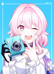 Rule 34 | 1girl, absurdres, artist name, black choker, black gloves, blue background, blue eyes, blue jacket, breasts, buttons, camera, character name, choker, commentary, dress shirt, english commentary, flower ornament, gloves, hands up, highres, holding, holding camera, honkai: star rail, honkai (series), jacket, light blush, long sleeves, march 7th (honkai: star rail), medium breasts, medium hair, one eye closed, open mouth, partially fingerless gloves, pink eyes, pink hair, shirt, shyaka, single glove, smile, solo, teeth, two-tone eyes, upper body, upper teeth only, white shirt