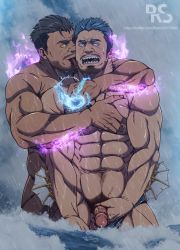 Rule 34 | 2boys, abs, absurdres, bara, black hair, blue eyes, blue hair, completely nude, couple, dagon (housamo), dark skin, dark-skinned male, energy, licking another&#039;s face, facial hair, flaccid, grabbing, highres, large pectorals, licking, long sideburns, male focus, male pubic hair, multiple boys, muscular, muscular male, navel hair, nipples, nude, old, old man, pectoral grab, pectorals, penis, pubic hair, rain, ryans, short hair, stubble, tokyo houkago summoners, tongue, tongue out, triton (housamo), uncensored, veins, veiny penis, water, wet, yaoi, yellow eyes