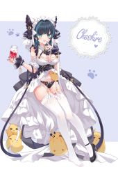 Rule 34 | &gt; &lt;, 1girl, animal ears, aqua hair, azur lane, black footwear, black panties, blue hair, breasts, cat ears, character name, cheshire (azur lane), cleavage, clothes lift, detached sleeves, dress, dress lift, fake animal ears, finger to mouth, frilled hairband, frills, full body, garter belt, green eyes, hairband, highres, holding, holding jar, jar, lace, lace-trimmed legwear, lace-trimmed panties, lace trim, large breasts, long dress, looking at viewer, manjuu (azur lane), open mouth, panties, panties over garter belt, pantyshot, puffy short sleeves, puffy sleeves, shoes, short sleeves, simple background, solo, stained clothes, thighhighs, underwear, white dress, white thighhighs, wrist cuffs, yozora (33968397)