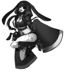 Rule 34 | 1girl, absurdres, animal ears, boots, breasts, blowing bubbles, chewing gum, cleavage, collar, cracked skin, crop top, fake animal ears, female focus, full body, greyscale, highres, hood, hoodie, ippus, jewelry, lips, long hair, medium breasts, midriff, monochrome, navel, necklace, original, rabbit ears, short shorts, shorts, simple background, sleeves past wrists, solo, stuffed animal, stuffed rabbit, stuffed toy, twintails, white background, white hair, wide sleeves