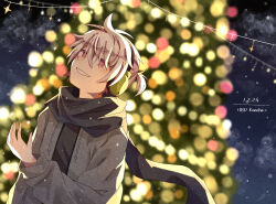 Rule 34 | 1boy, absurdres, blurry, bokeh, bright pupils, character name, christmas tree, commentary, dated, depth of field, drawstring, facial mark, grey hair, grey jacket, grey scarf, grey shirt, hair between eyes, headphones, highres, hood, hooded jacket, jacket, kagerou project, konoha (kagerou project), long bangs, long sleeves, looking up, male focus, mekakucity actors, night, night sky, outdoors, paper loorie, pink eyes, scarf, shirt, short hair, short ponytail, signature, sky, smile, solo, string, upper body