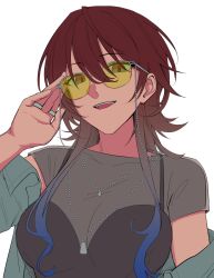 Rule 34 | 1girl, absurdres, adjusting eyewear, aketa mikoto, breasts, brown hair, cleavage, gradient hair, green jacket, hand on eyewear, hand up, highres, idolmaster, idolmaster shiny colors, jacket, jewelry, jichi, long hair, looking at viewer, medium breasts, multicolored hair, necklace, open mouth, ring, see-through, see-through shirt, simple background, smile, solo, sunglasses, upper body, white background