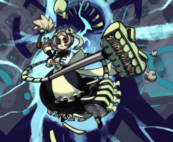 Rule 34 | 1girl, alex ahad, apron, bloody marie (skullgirls), cleaning, duster, fighting stance, maid, maid apron, maid headdress, red eyes, skull, skullgirls, twintails, vacuum cleaner, white hair, wrist cuffs