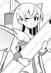 Rule 34 | 1girl, alternate costume, amatsukaze (kancolle), ataru (ataru-littlebird), commentary request, cowboy shot, greyscale, hair tubes, highres, holding, kantai collection, looking at viewer, magical girl, monochrome, one eye closed, oversized object, solo, two side up, wings