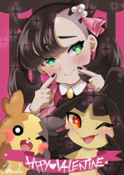 Rule 34 | 1girl, absurdres, black nails, blush, brown hair, closed mouth, commentary request, creatures (company), dress, fingersmile, game freak, gen 3 pokemon, gen 8 pokemon, green eyes, hair ribbon, hands up, happy valentine, highres, kawaiban, looking to the side, marnie (palentine&#039;s 2022) (pokemon), marnie (pokemon), mawile, medium hair, morpeko, morpeko (full), nail polish, nintendo, official alternate costume, pink ribbon, pokemon, pokemon (creature), pokemon masters ex, raised eyebrows, ribbon, smile