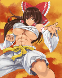 Rule 34 | 1girl, belt, bloomers, bow, breasts, brown eyes, brown hair, clenched hand, closed mouth, commentary request, cookie (touhou), detached sleeves, feet out of frame, fighting stance, frilled bow, frilled hair tubes, frills, hair between eyes, hair bow, hair tubes, hakurei reimu, kanna (cookie), large breasts, long hair, looking at viewer, mo-fu, orange background, red bow, ribbon-trimmed sleeves, ribbon trim, sarashi, sidelocks, solo, touhou, underboob, underwear, white bloomers, white sleeves, wide sleeves, yellow belt