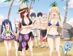 Rule 34 | 3boys, 4girls, bikini, breasts, charle (fairy tail), claudia dragneel, cleavage, erza scarlet, fairy tail, gray fullbuster, happy (fairy tail), highres, large breasts, long hair, lucy heartfilia, mest gryder, multiple boys, multiple girls, natsu dragneel, swimsuit, tagme, tree, wendy marvell